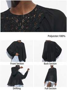 Maija Women's Spring Lace Patchwork Ruched Relaxed Fit Black Long Sleeve Blouse,Boho