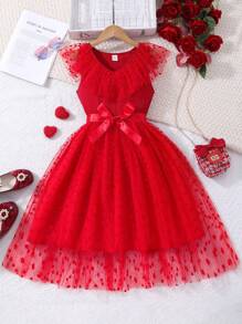Girls V-Neck Sleeveless Heart Mesh Elegant Dress With Belt, Spring/Summer