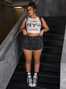 SHEIN EZwear 大码 Y2K 街头时尚休闲弹力牛仔短裤 - 深灰色 - 查看 4