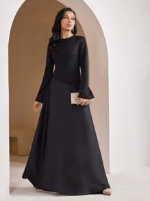 Veilorie 女士优雅黑色拼布缎面微喇叭长袖连衣裙 阿拉伯风格连衣裙 老钱音乐会服装 女士春假服装，端庄 - 黑色 - 查看 8