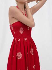 Chiquease Holiday Vacation Red Design With A Tie On The Chest, Can Be Worn In Two Ways, Retro Printed Dress, Divided Tube Top, Waisted Sleeveless Women's Mid-Length Dress Tropical Boho Beach Fashionable Style Floral PRINT For Summer Spring Fall Autumn - Multicolor - View 6