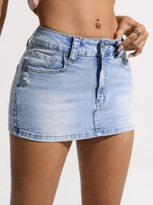 SHEIN EZwear 女式口袋休闲短款牛仔裙 - 淺色水洗藍 - 查看 5