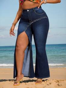 SHEIN SXY Plus Size Front Button Pocket Simple Casual Denim Flare Pants With Slit