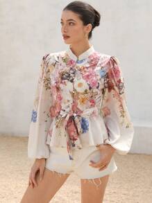 Aveloria Rosie Elegante camisa de señora de manga larga con cuello alto romántico, botones, cintura ceñida y estampado floral