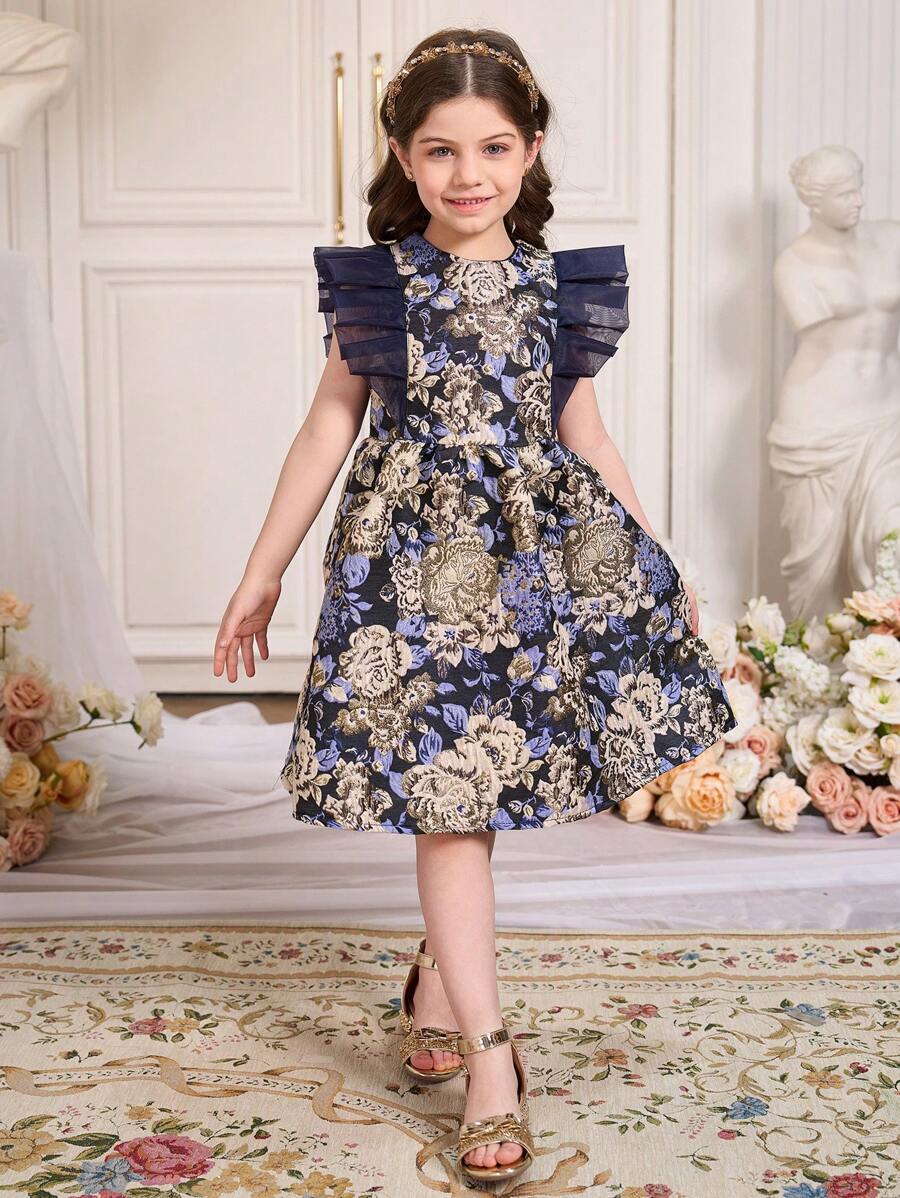 SHEIN 年轻女孩节日蕾丝网纱袖褶皱腰无袖连衣裙 - 彩色 - 查看 1