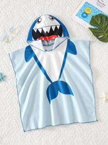 SHEIN Baby Boy Cartoon Shark Hooded Beach Towel, Suitable For Summer Casual Holidays, Beach, Sea And Hot Springs - Multicolor - View 1