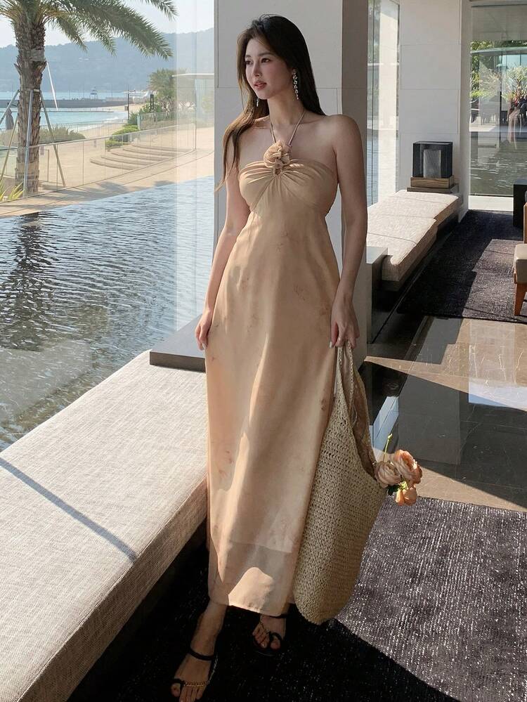 Summer New Sweet Princess Style Dress, Spaghetti Strap High-Quality Stereoscopic Floral, Textured Ruffle Beach Vacation Dress For Women Sundress