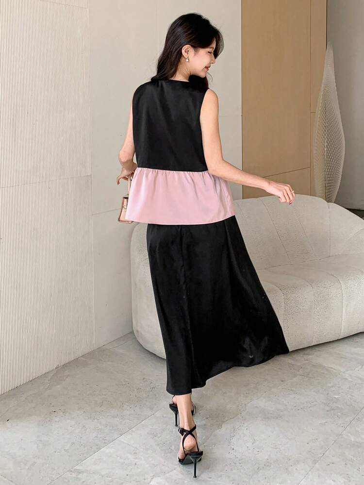 2pcs Summer New Sundress Two-Piece Set, Contrast Color Elegant For Women