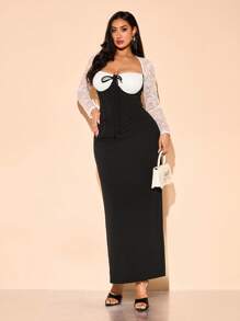 SHEIN BAE Plus Size Women's Elegant Black Lace Patchwork Bra Top And High Slit Skirt Two Pieces Set, Sexy Outfits For Summer, Vacation, Wedding, Graduation, Y2K, Party, Spring Break Outfits, Easter Outfits For Women, Concert Outfits For Women, Plus Size Corset Tops