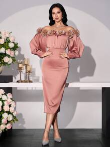 Modelyn Damska sukienka midi z odkrytymi ramionami i plisowaną talią w kwiaty, elegancka