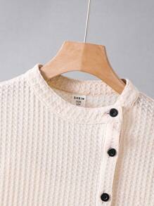 SHEIN Áo thun polo tay ngắn dệt kim mềm mại và thoải mái có cổ xéo dễ thương dành cho bé trai tuổi mới lớn - Màu Khaki - Xem 3