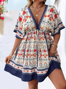 Rometta Vestido de manga abullonada con cuello en V y cintura ceñida con estampado floral retro, para moda de primavera y verano - Multicolor - Ver 3