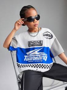 SHEIN Girls White Autumn Streetwear City Break Back To School Campus Sports Football Oversized T-Shirt,Knitted Printed Round Neck Short Sleeve Casual Tops - Blue - View 4