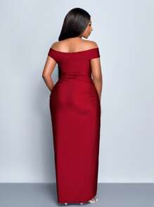 SOLERSUN 春夏女装婚纱派对酒红色无袖单肩前襟扭褶装饰前襟开叉侧边大码针织连衣裙秋冬面料连衣裙多款式扭褶设计连衣裙派对连衣裙圣诞连衣裙新年连衣裙 - 紅色 - 查看 2