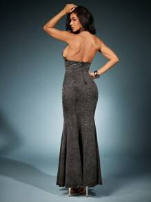 Denimoi Sexy Cut Out Lace Up Backless Mermaid Hem Halter Maxi Denim Dress - Black - View 4