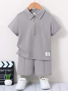 SHEIN Young Boy Letter Badge Short Sleeve Casual Polo Shirt T-Shirt + Shorts Two-Piece Set - Grey - View 4