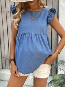 SHEIN Maternity Vacation Cap Sleeve Ruffle Hem Denim Blouse,Suitable For Parties, Holidays, Dates, Valentine's Day, Afternoon Tea, Summer / Summer Outfits / Summer Clothes,Spring / Spring Outfits For Women,Beach Outfits For Woman / Beach,Brunch Outfits For Women, Spring Break / Spring Break Outfits, Concert Outfit Women / Rave Outfits Festival / Country Concert Outfit / Ibiza Outfits / Nashville Outfits,Spring Outfits For Women / Spring,Summer Outfits For Women / Summer / Summer Clothes / Cute Summer Tops,Easter Dress / Easter / Easter Outfit Women,Concert Outfit Women / Rave Outfits / Rave Outfits Festival / Country Concert Outfit / Nashville Outfits / Ibiza Outfits,Western Wear Women / Western / Western Clothes For Women,Cowgirl Outfits For Women / Rodeo Outfits For Women / Cowgirl Outfit,Beach Outfits For Woman / Beach, Brunch Outfits For Women