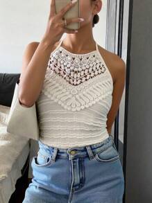 SHEIN Frenchy Camiseta de tirantes con escote halter y encaje en contraste de color albaricoque, top ajustado con textura estriada y retorcida, para uso diario, atuendos casuales para vacaciones en Francia, vestidos de cita, día de la boda