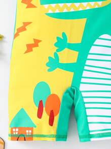 SHEIN Buy 1 Get 1 Free! Buy Swimsuit Get Matching Cap: Young Boys Cute Cartoon Ocean Shark, Skateboard, Coconut Tree, Dinosaur, Letter, Tree, House Colorblock Raglan Sleeve One-Piece Swimsuit + Matching Cap Set. Suitable For Beach, Swimming, Surfing, Vacation, Spring And Summer - Green - View 4