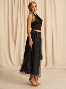 Glamine Falda con sobreposición de malla de talle alto