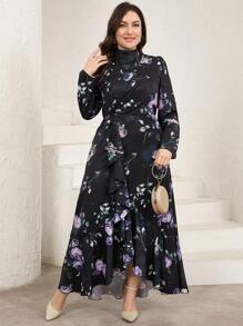 Veilorie Plus Size Women's Floral Print Stand Collar Long Sleeves Stitching Ruffles Elegant Dress