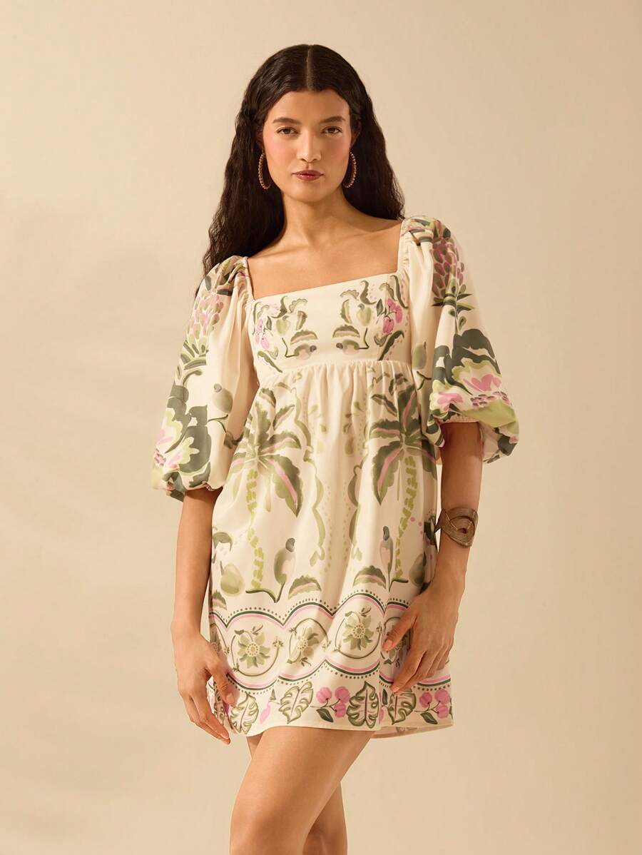 CAJUNI Vestido Curto Casual de Verão Praia Férias, Manga Lanterna, Estampa Tropical Azalea, Coqueiro, Monstera, Estilo Boho para Mulheres