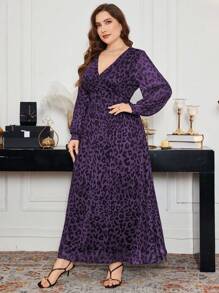 Modelyn Vestido elegante con estampado de leopardo, de tallas grandes, con escote cruzado, cintura asimétrica, mangas farol amplias y plisadas