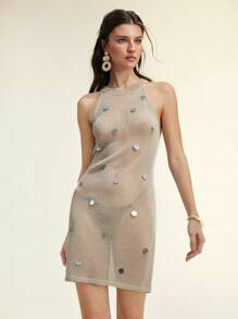 SHEIN LUNE Women's Sexy Cute Dress Sleeveless Sequined Sweater Mini Dress,See Through Dress,Summer Dress,,Vacation Outfits Woman,Holiday Outfits,Beach Wear,Beach Dress