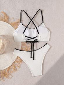 SHEIN Swim Conjunto de bikini de vacaciones de verano para mujer con detalles de flores - Blanco - Ver 2