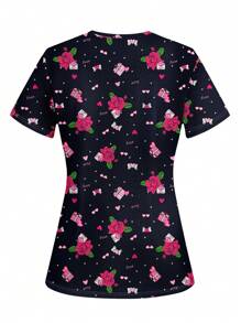 PopScrub Rose & Heart Print Nurse Scrub Uniform Top, Spring - White - View 2