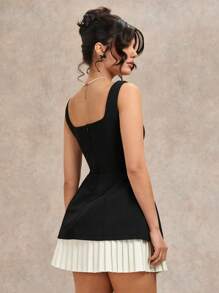 SHEIN BAE 女士黑白浪漫甜美约会装连衣裙，带荷叶边下摆，适合春、夏、秋季的分层单品 - 黑與白 - 查看 2