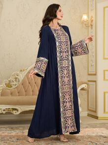 Al Najma Front Split-Sleeve Sequins Colorful Trim Big Hem Arabic Style Dress, Spring/Summer,Modest