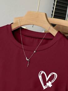 INAWLY Women's Heart Clover Print Round Neck Short Sleeve Pleated T-Shirt - Burgundy - View 4