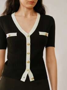 Gloray Knit Colorblock Elegant Buttoned Cardigan Top For Women, Spring/Summer - Black and White - View 2
