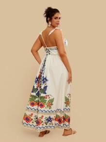 Travachic Plus Size Vintage Floral Print Tie-Up Dress, Casual Holiday Wear For Spring & Summer
