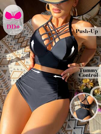 Swim DD+ Women's Summer Beach Solid Color Halter Tie Sexy Bikini Swimwear Set, For Summer Beach Vacation