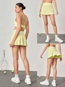 GLOWMODE 4.5 英寸舒适弹力 360° 收腹超高腰 V 形臀部荷叶边健身裙内置短裤网球高尔夫日常