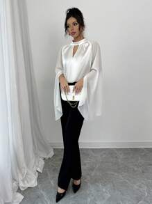 Elenzga Camisa de cuello redondo casual con diseño de patchwork, moda minimalista para uso diario - Albaricoque - Ver 1