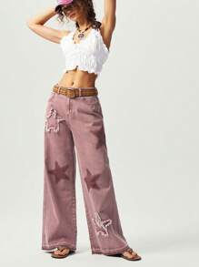 Bohemela 编织纯色五角星图案洗水阔腿牛仔裤