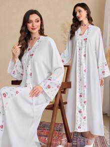 Al Najma 印花长袖长袍，休闲时尚，适合日常穿着 - 白色 - 查看 1