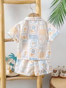 Vintaside Kids Baby Boy Spring/Summer Fresh Style Set - Turndown Collar Open Front Short Sleeve Plant Print Shirt And Matching Shorts, Casual Outfit For Outdoor Play, Home Comfort, Casual Gathering