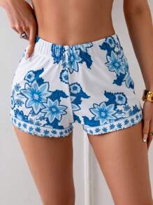 SHEIN Swim Women's Blue Printed Beach Shorts For Vacation