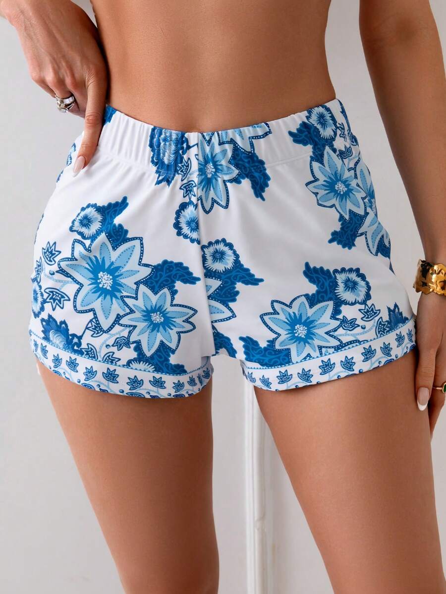 SHEIN Swim Women's Blue Printed Beach Shorts For Vacation