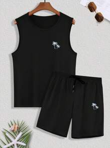 Manfinity RSRT 2pcs/Set Men's Vacation Casual Coconut Tree Printed Tank Top And Shorts Set, Men Summer Outfits - Black - View 3