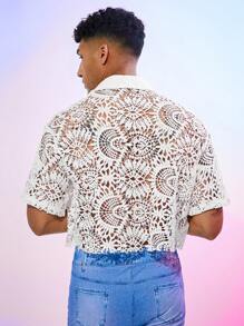FeverCity Men's Loose Water-Soluble Lace Short Sleeve Shirt