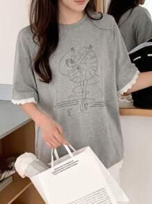 DAZY Tricou de vară pentru femei, cu guler rotund, dantelă, imprimeu de balet, mânecă scurtă, topuri drăguțe