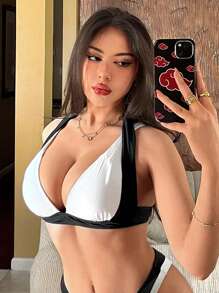 SHEIN Swim Women's Contrast Panel Halter Neck Bikini Top, Summer Beach Vacation - Black and White - View 5