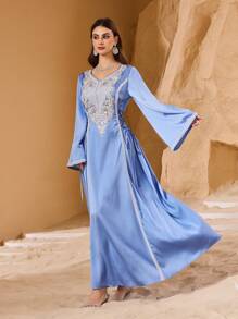 Al Najma 奢华串珠缝线，优雅侧腰系带，修身剪裁，高贵青春的女士连衣裙，卡夫坦和贾拉比亚，女士奢华晚礼服，端庄