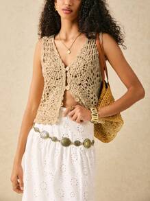 Poéselle Cutout Knitted Embroidered Vest Top, Tan, Crochet Top, Casual Top, Cute, Beach Wear, Spring Break, Floral Top, Boho Women's
