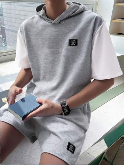 SHEIN 2pcs/Set Teen Boys Casual Hooded 2 In 1 Short Sleeve T-Shirt And Shorts Set, Street Punk Rock School Style Outfit, Suitable For Spring & Summer